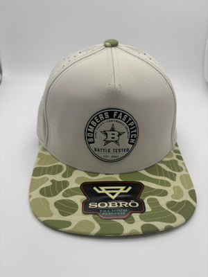 33 - CAMO COLLECTION SOBRO HAT - GREIGE/CAMO BTL TESTED -BOMBERS FP UVDTF RUBBER PATCH